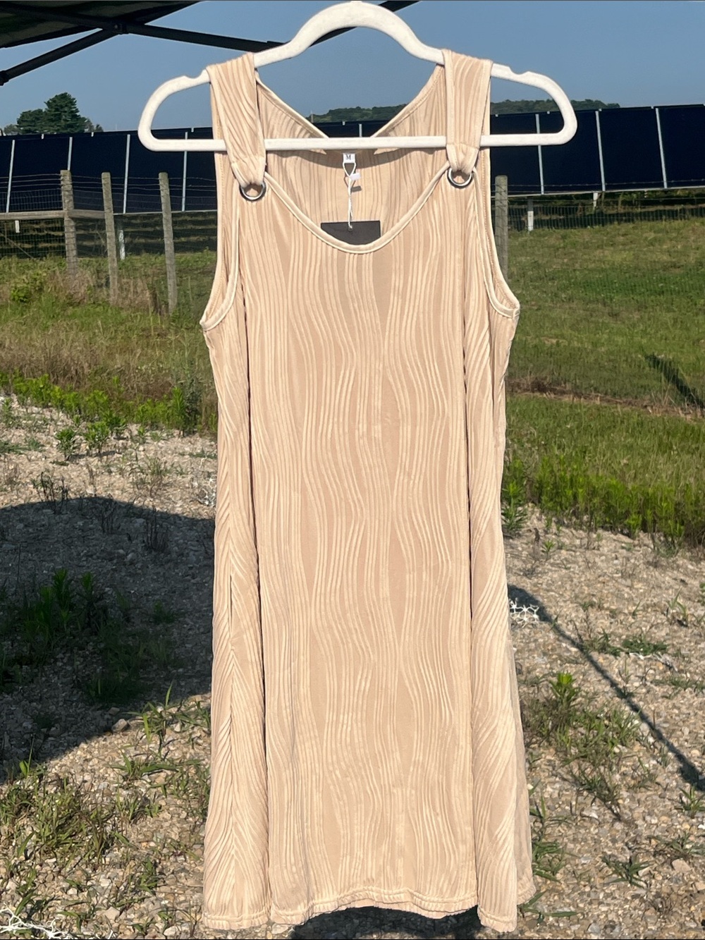 ETCYY Sleeveless Beige Textured Midi Dress with Ring Strap Detail side pockets
